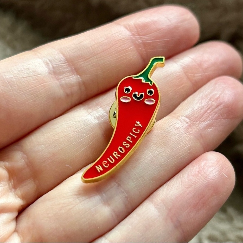 Funny “Neurospicy” Chili Pepper Pin Brooch, Red, Gold